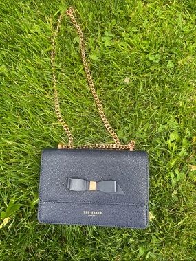 Ted Baker Black Textured Leather Crossbody with Gold Chain and Bow